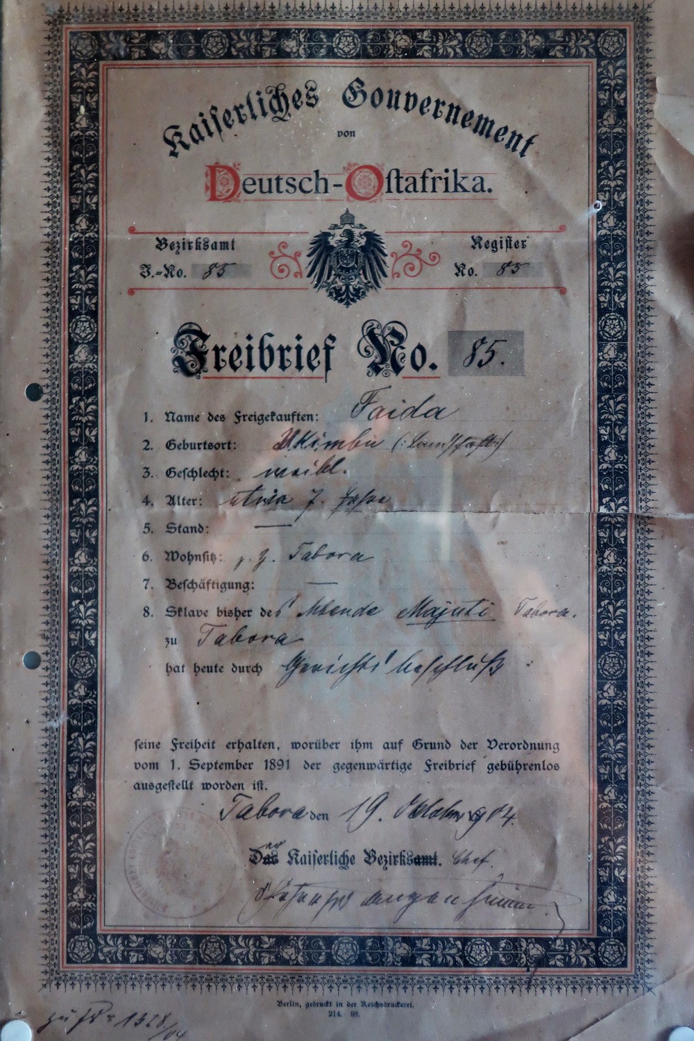 German release document of a slave from 1904